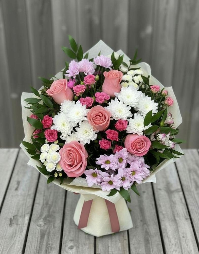 Букет цветов из: Альстромерии, Гвоздики, Розы и Хризантемы в Грушевской