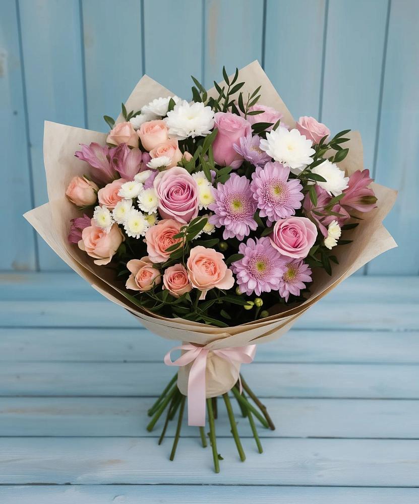 Букет цветов из: Хризантемы, Розы и Альстромерии в Грушевской