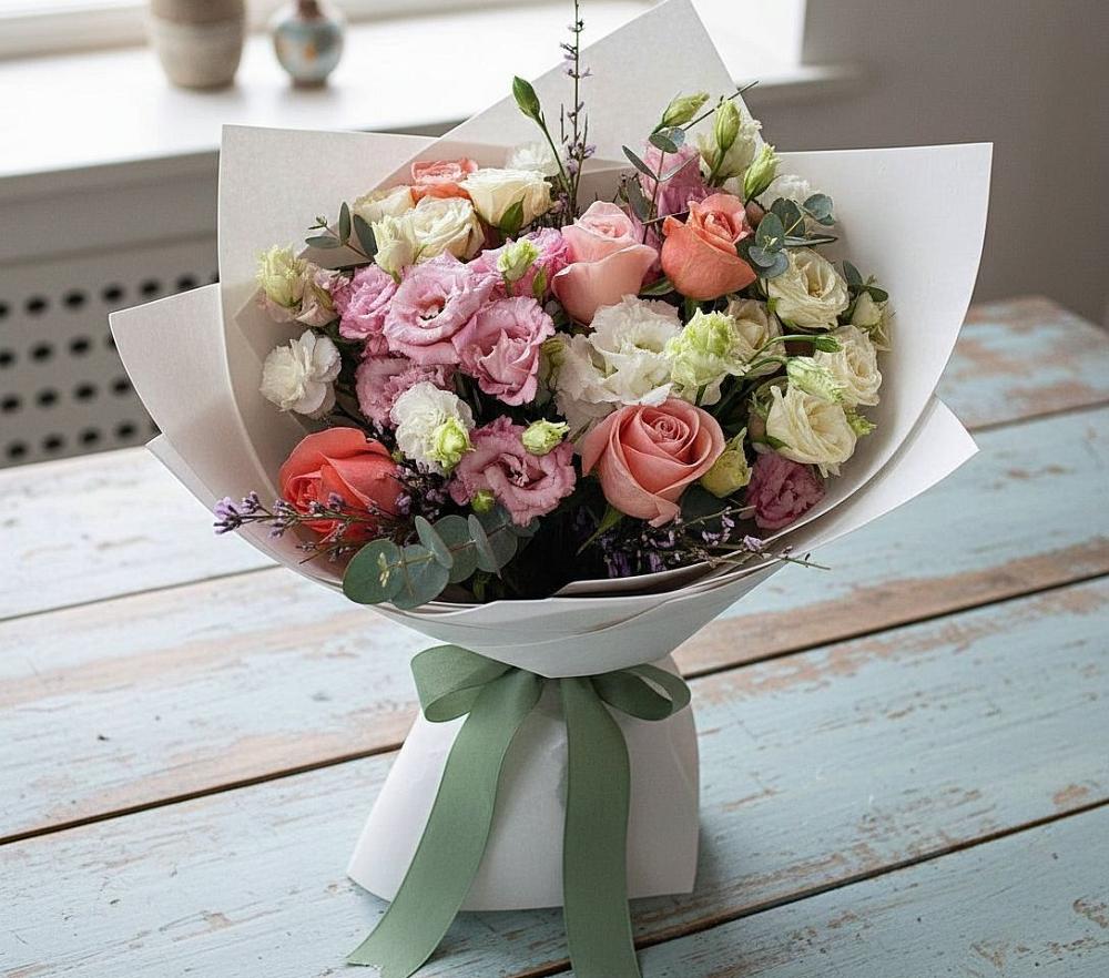 Букет цветов из: Розы, Лизиантусы и Гвоздики в Грушевской