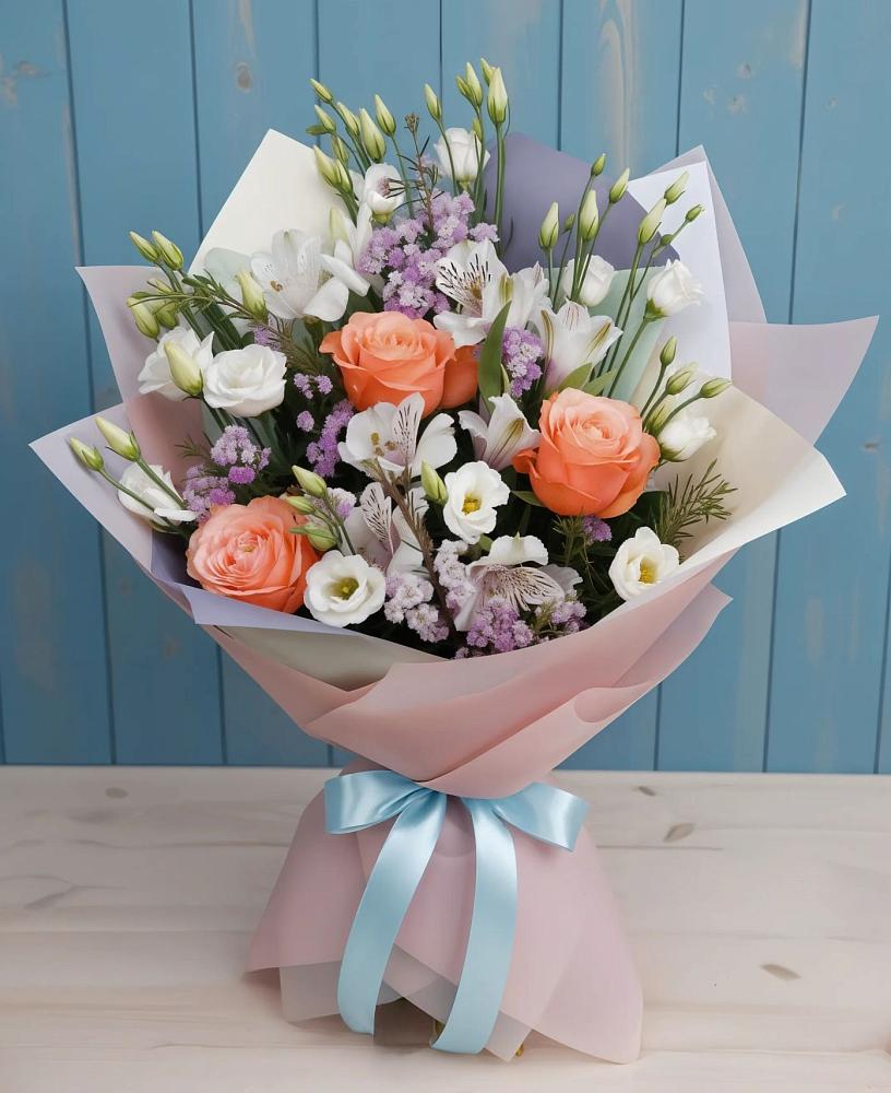 Букет цветов из: Лизиантусы, Розы, Альстромерии и Гипсофила в Грушевской