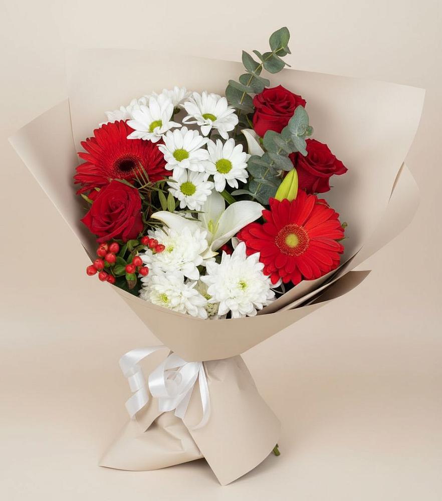 Букет цветов из: Розы, Хризантемы, Герберы и Лилии в Грушевской
