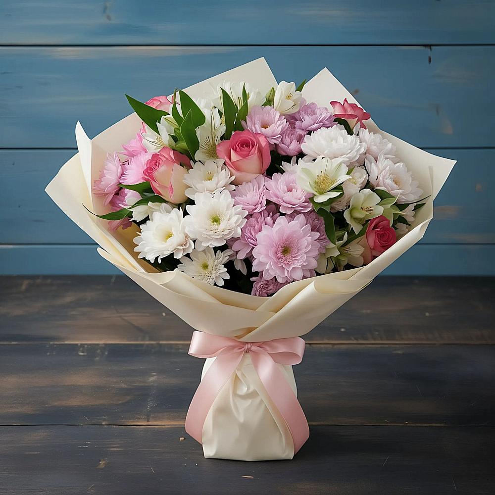 Букет цветов из: Хризантемы, Альстромерии и Розы в Грушевской